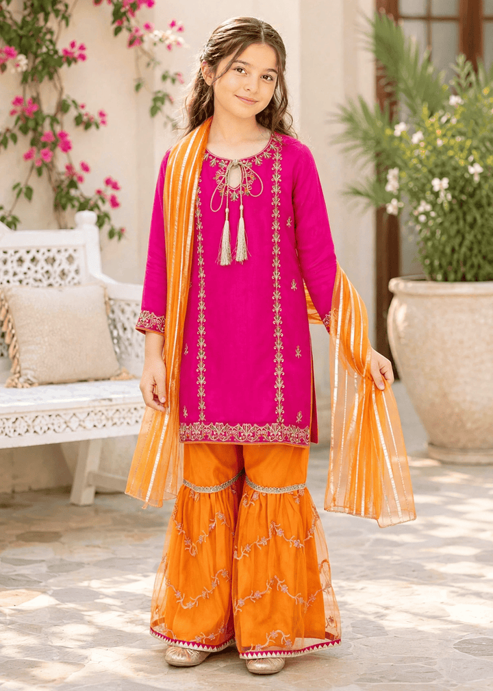 Modest Girls RTW Embroidered Raw Silk 3 Piece Suit Pink Party Wear Festive Collection