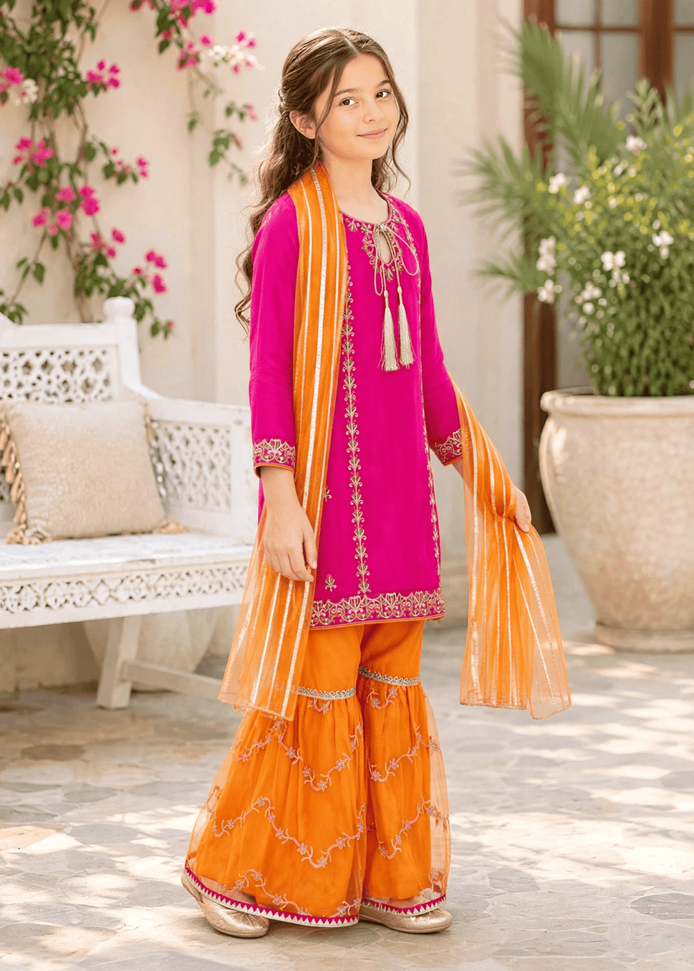 Modest Girls RTW Embroidered Raw Silk 3 Piece Suit Pink Party Wear Festive Collection