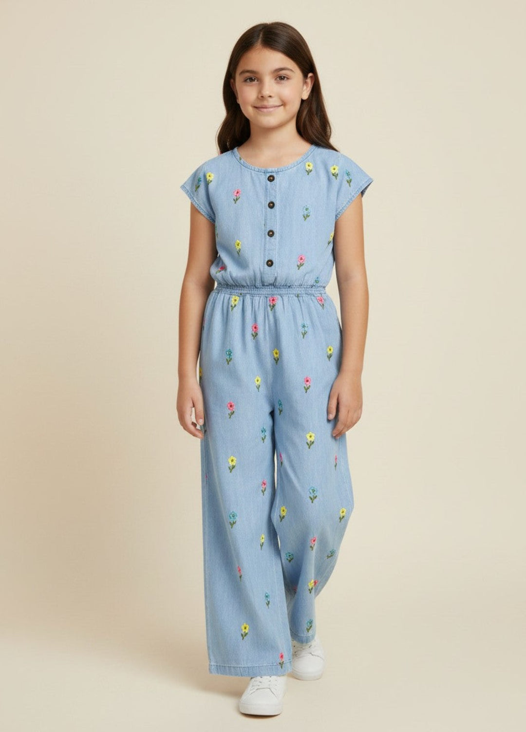 Ixample Kids RTW Embroidered Denim 1 Piece Suit Floral Jumpsuit Casual Collection