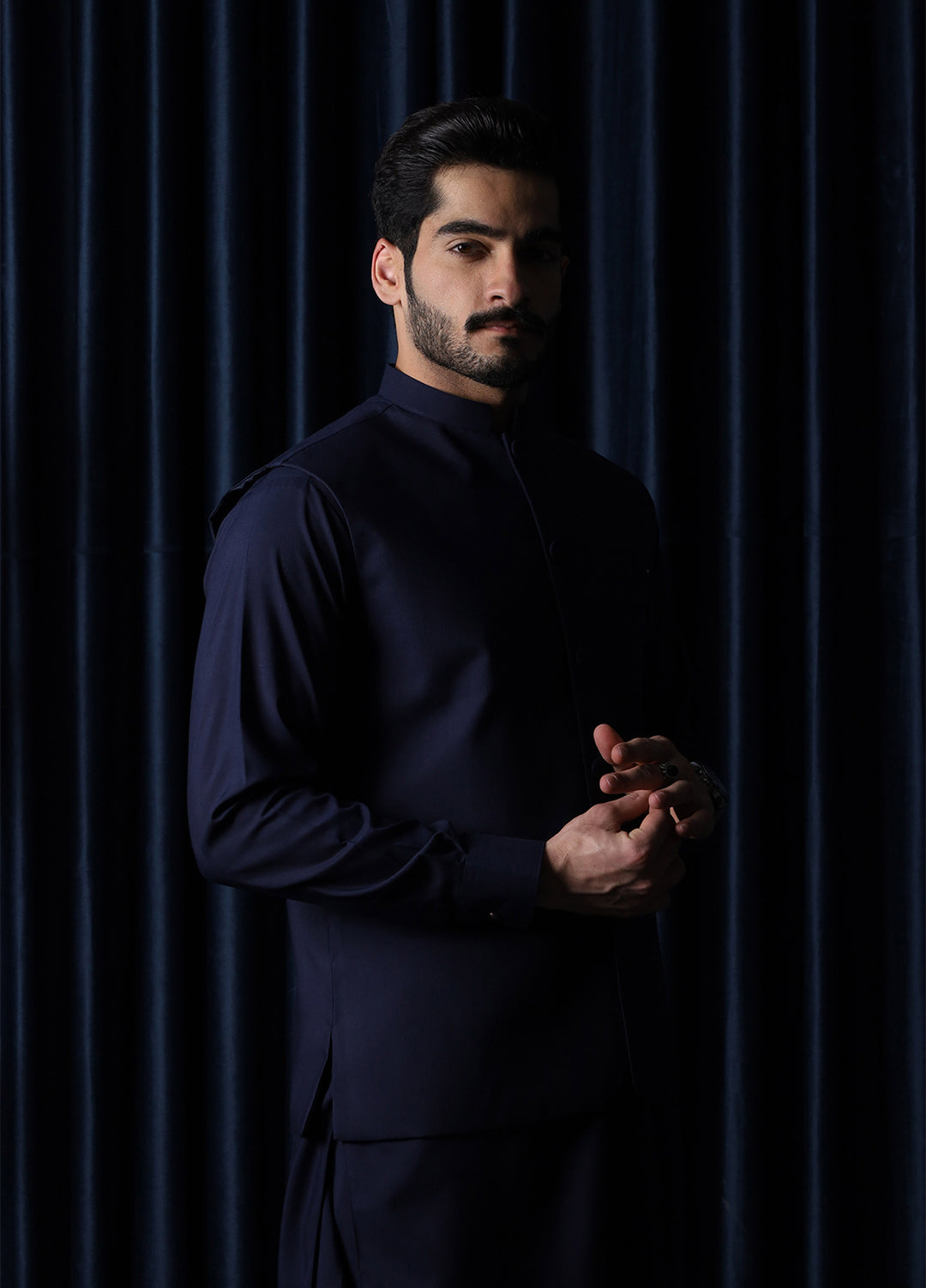 Mazham Mens RTW Solids Blended 3 Piece Suit Navy Blue Festive Collection