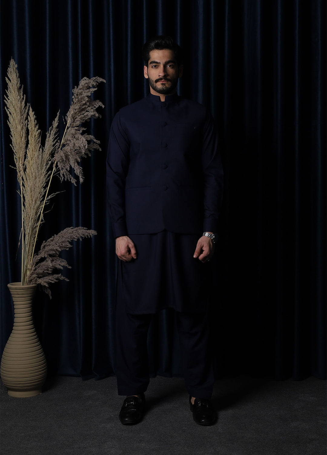 Mazham Mens RTW Solids Blended 3 Piece Suit Navy Blue Festive Collection