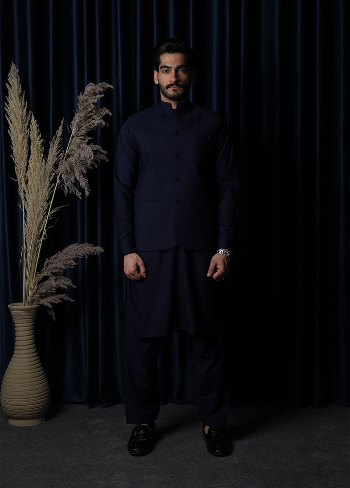 Mazham Mens RTW Solids Blended 3 Piece Suit Navy Blue Festive Collection