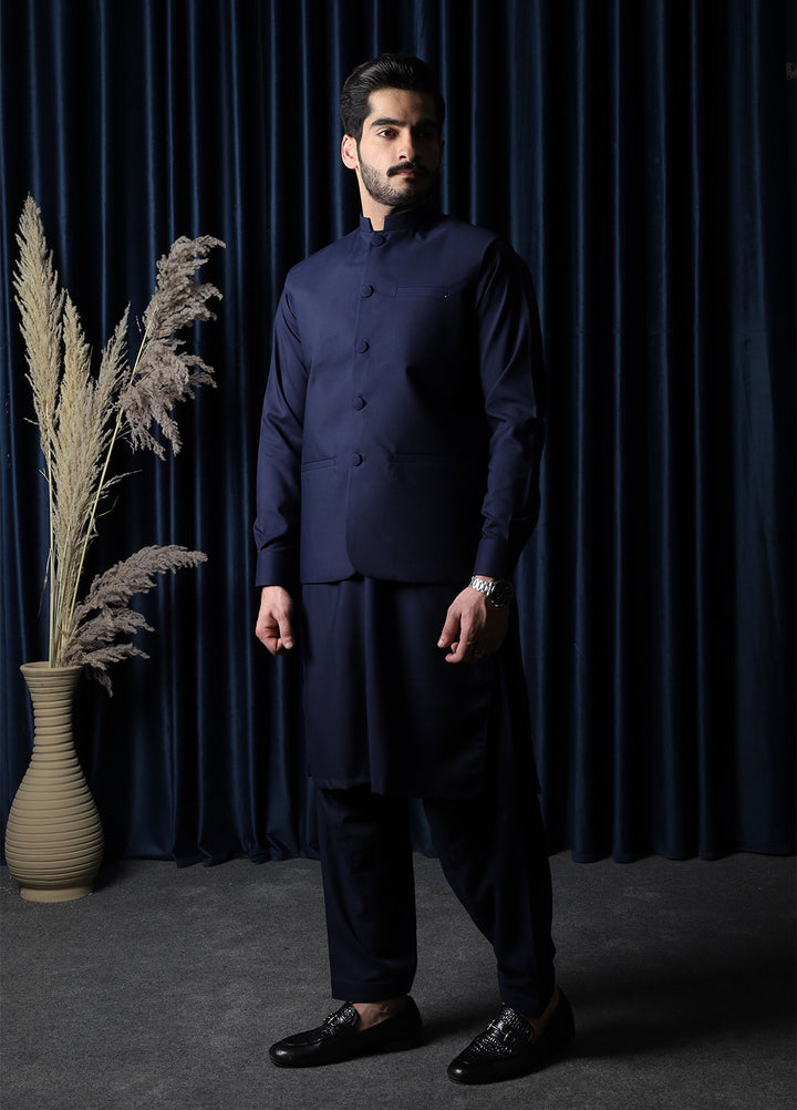 Mazham Mens RTW Solids Blended 3 Piece Suit Navy Blue Festive Collection