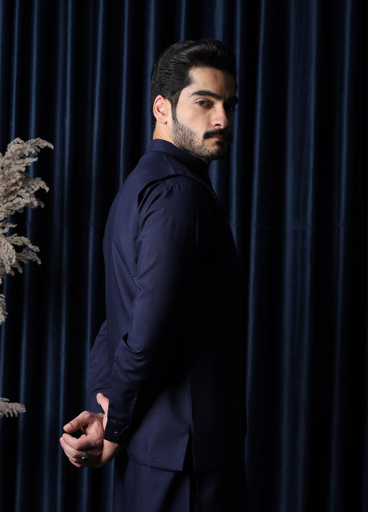 Mazham Mens RTW Solids Blended 3 Piece Suit Navy Blue Festive Collection