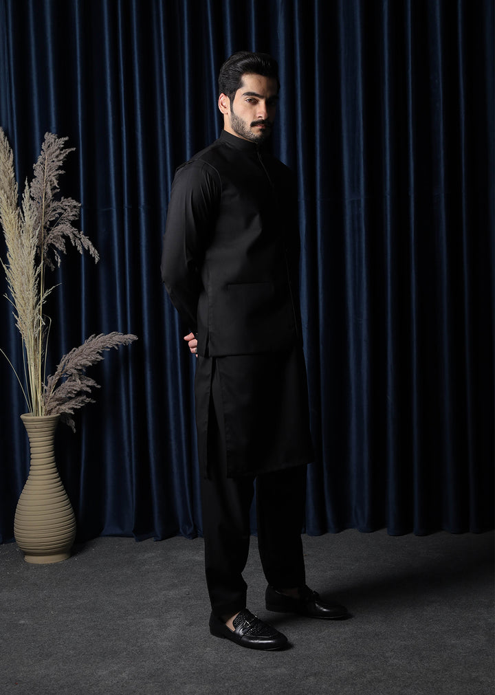 Mazham Mens RTW Solids Blended 3 Piece Suit Black Festive Collection