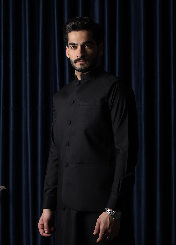 Mazham Mens RTW Solids Blended 3 Piece Suit Black Festive Collection
