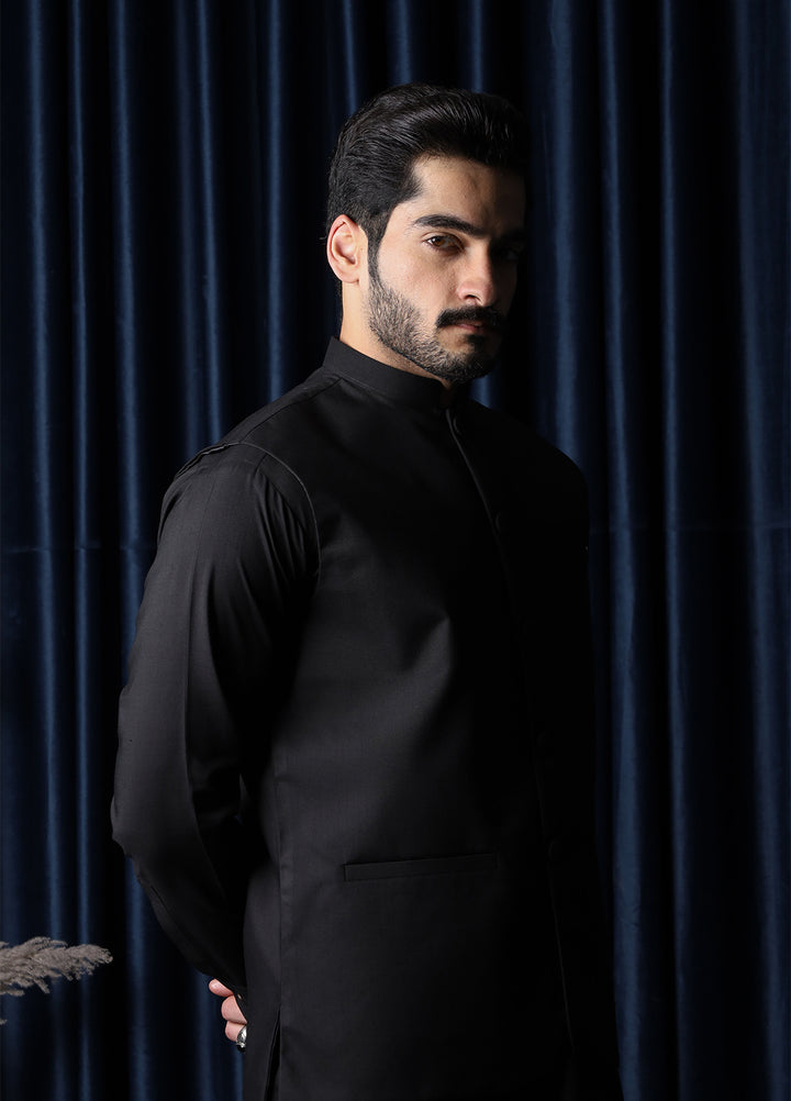 Mazham Mens RTW Solids Blended 3 Piece Suit Black Festive Collection