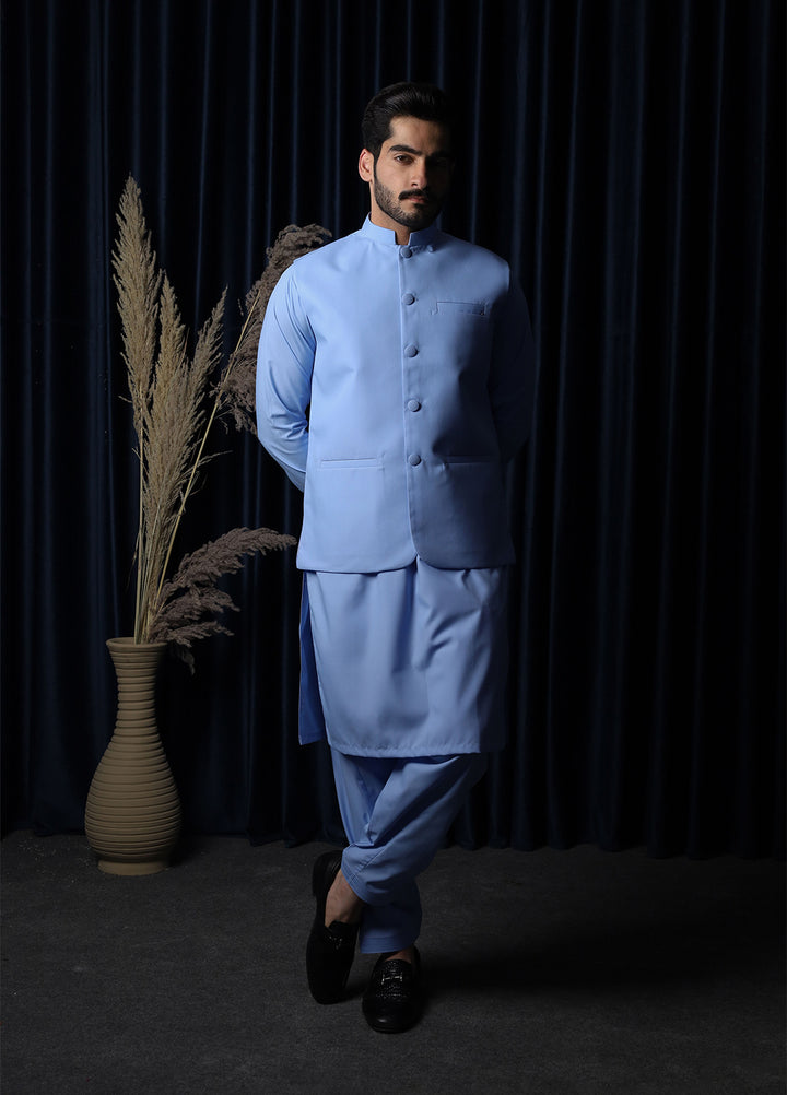 Mazham Mens RTW Solids Blended 3 Piece Suit Sky Blue Festive Collection