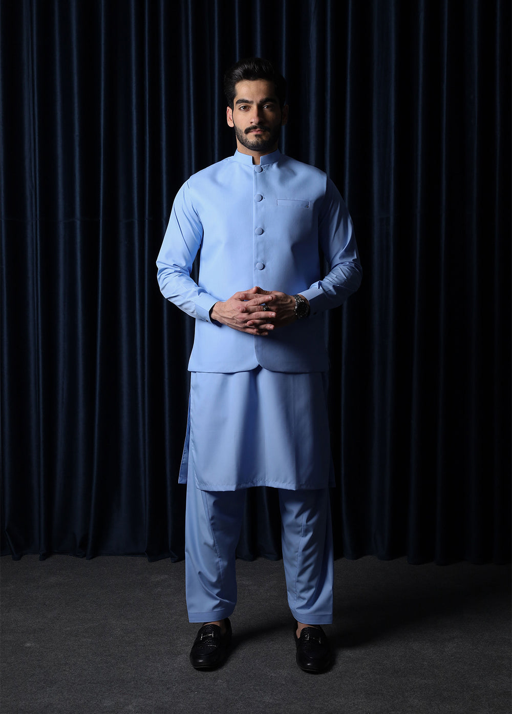 Mazham Mens RTW Solids Blended 3 Piece Suit Sky Blue Festive Collection