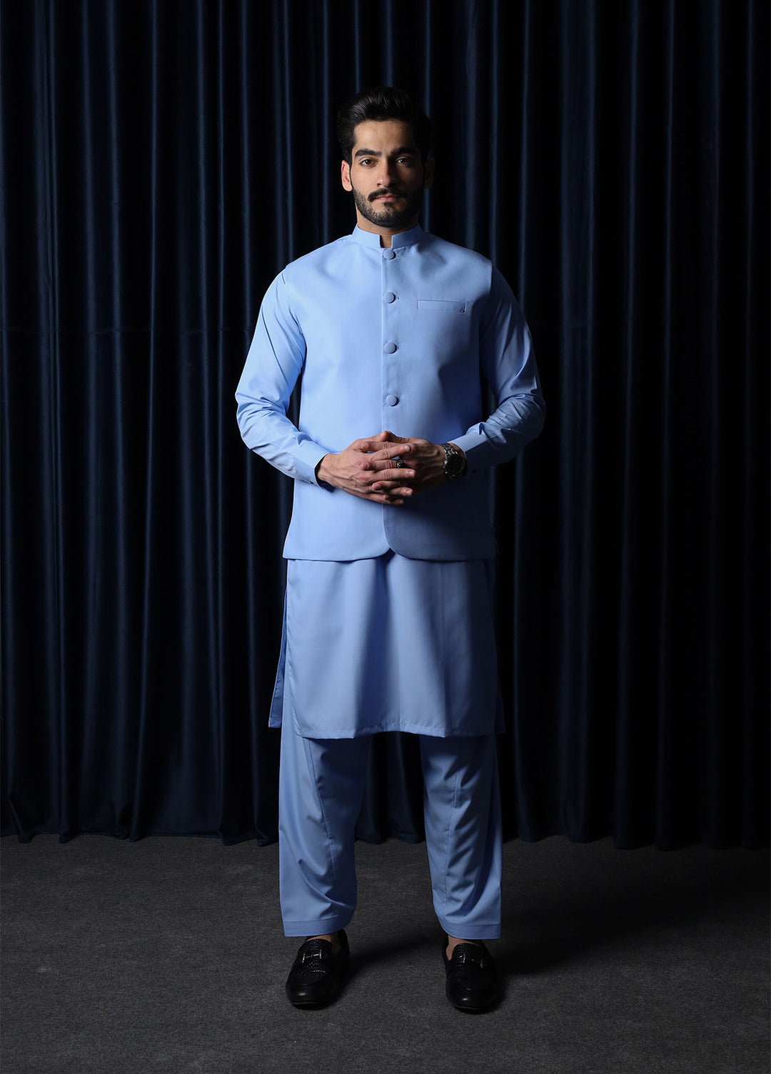Mazham Mens RTW Solids Blended 3 Piece Suit Sky Blue Festive Collection
