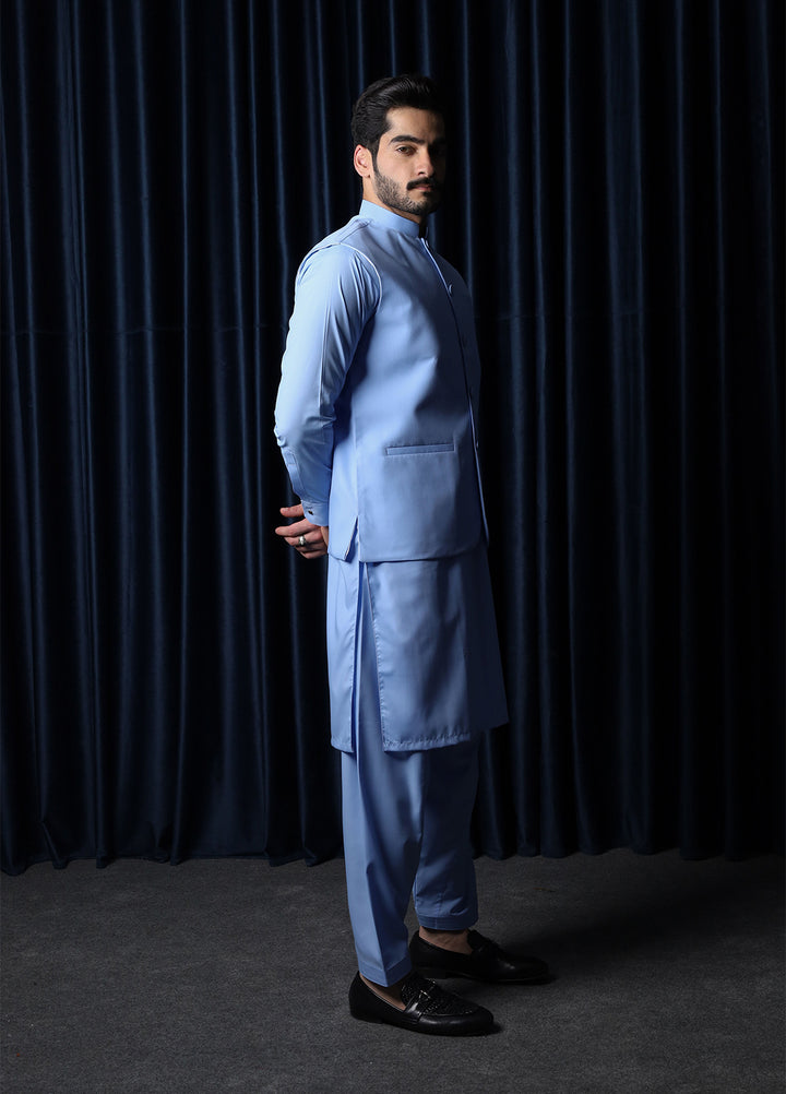 Mazham Mens RTW Solids Blended 3 Piece Suit Sky Blue Festive Collection