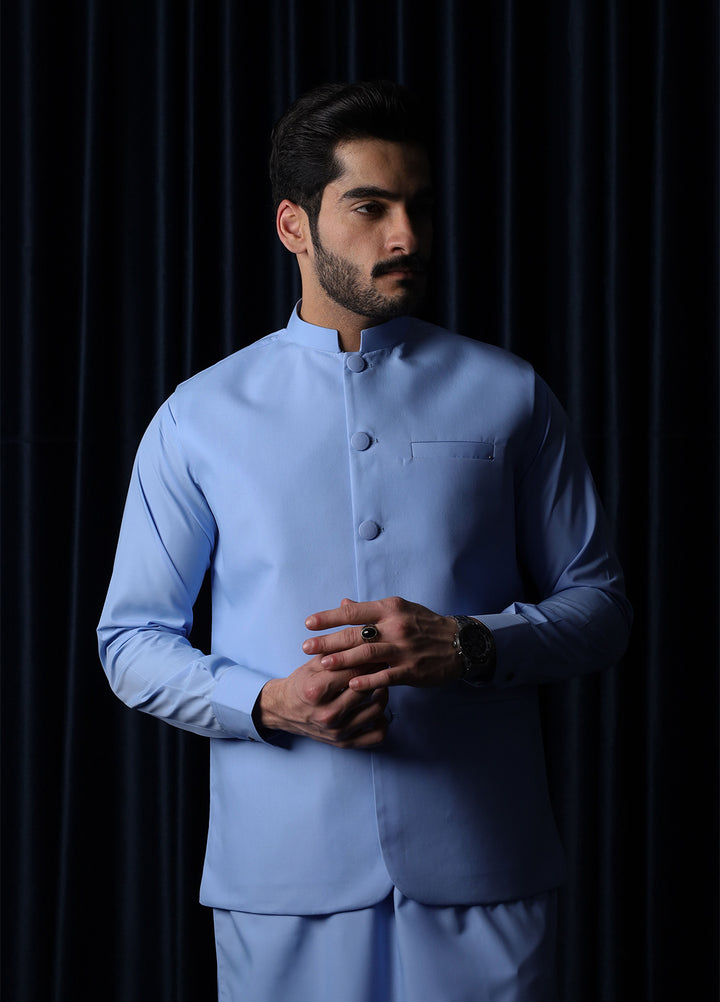 Mazham Mens RTW Solids Blended 3 Piece Suit Sky Blue Festive Collection
