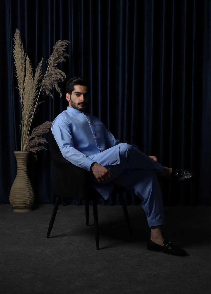 Mazham Mens RTW Solids Blended 3 Piece Suit Sky Blue Festive Collection