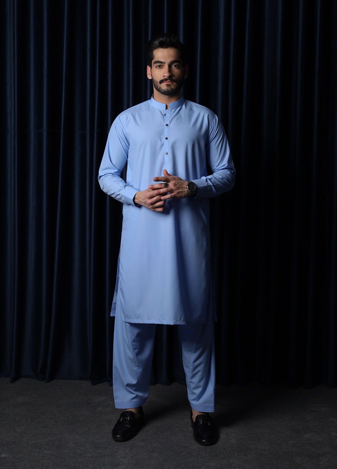Mazham Mens RTW Solids Blended 2 Piece Suit Sky Blue Blended Festive Collection