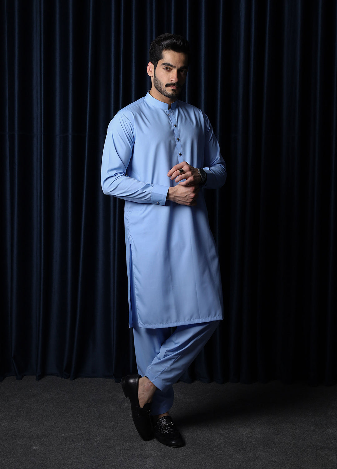 Mazham Mens RTW Solids Blended 2 Piece Suit Sky Blue Blended Festive Collection