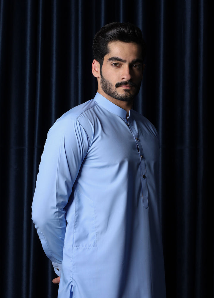 Mazham Mens RTW Solids Blended 2 Piece Suit Sky Blue Blended Festive Collection