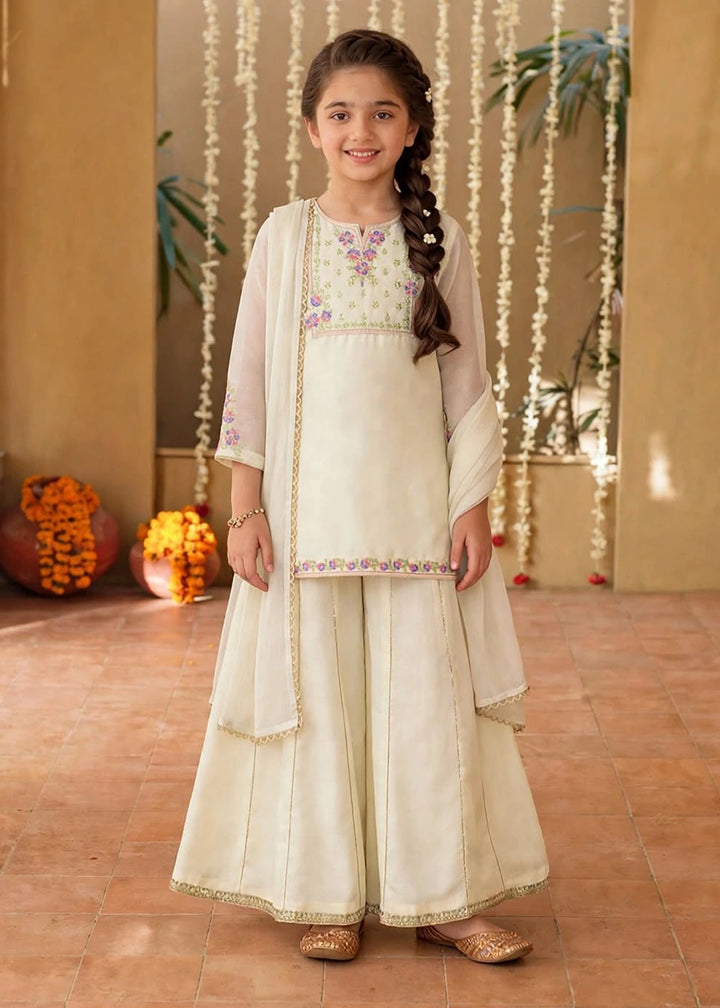 Modest Girls RTW Embroidered Chiffon 3 Piece Suit Off White Festive Collection