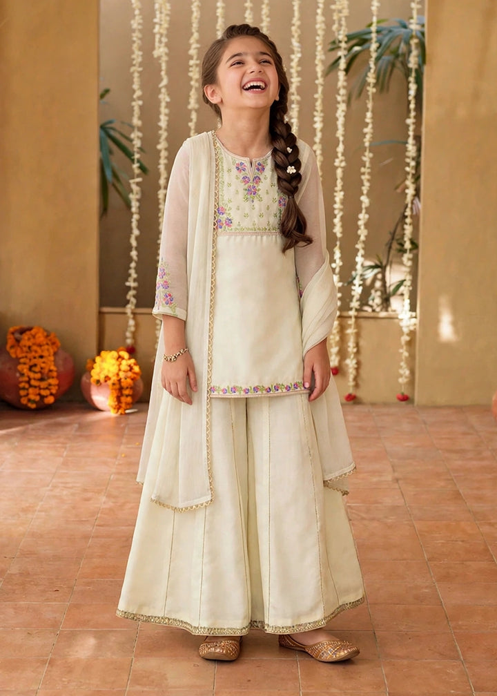 Modest Girls RTW Embroidered Chiffon 3 Piece Suit Off White Festive Collection