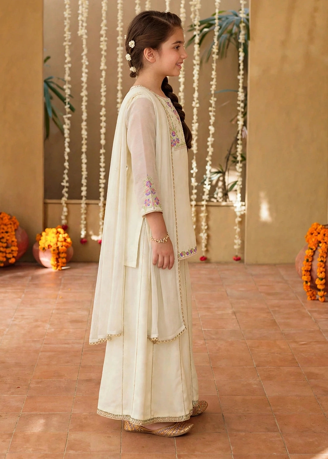 Modest Girls RTW Embroidered Chiffon 3 Piece Suit Off White Festive Collection