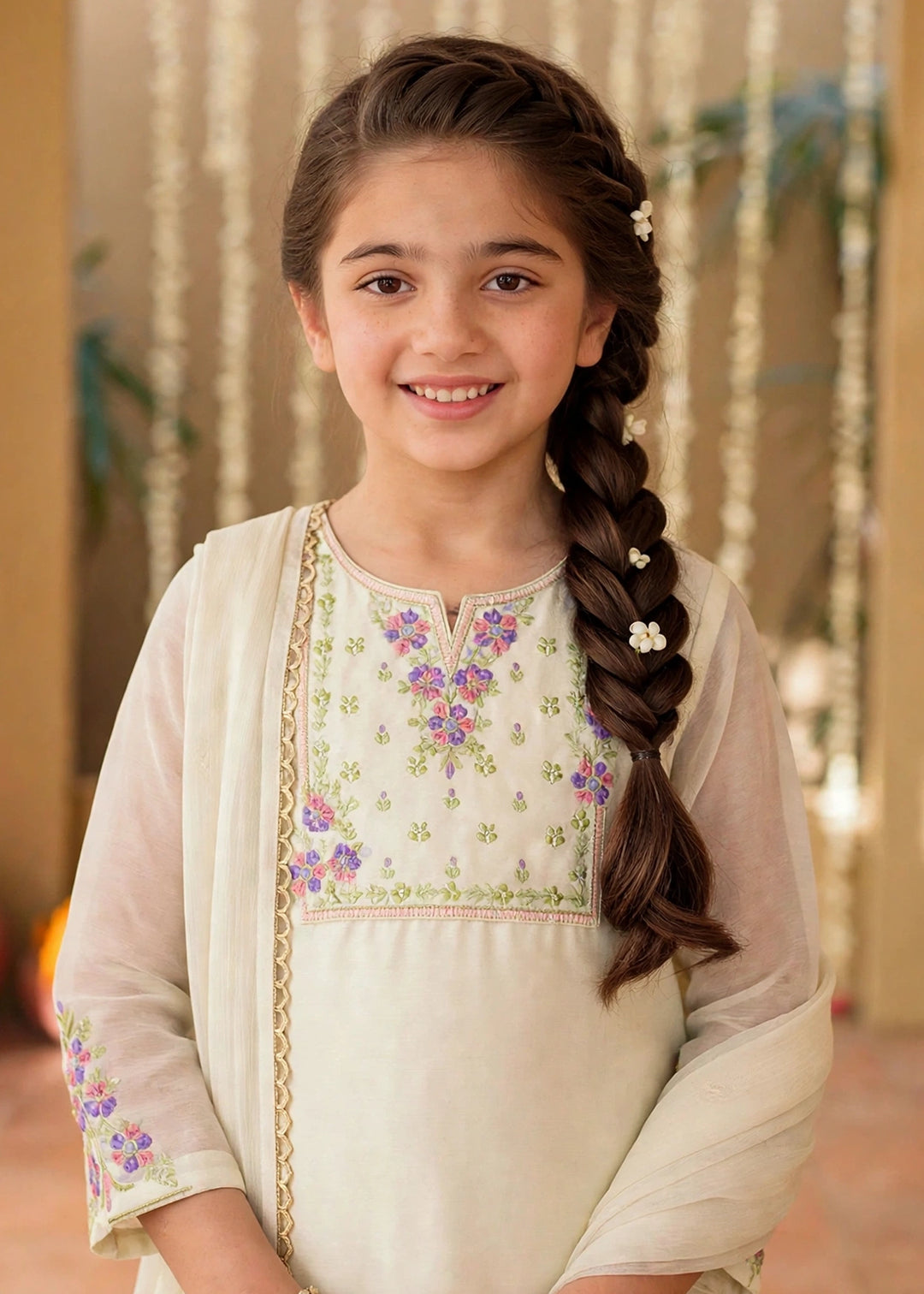 Modest Girls RTW Embroidered Chiffon 3 Piece Suit Off White Festive Collection