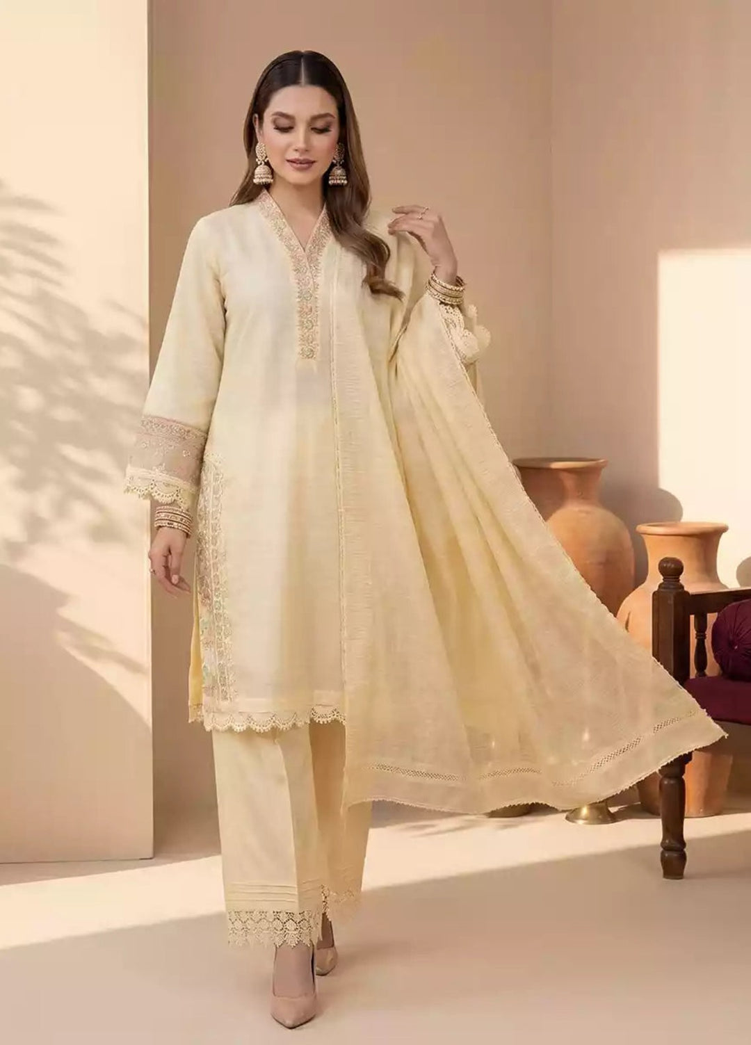 Salitex Women RTW Embroidered Slub 3 Piece Suit EUAL3PELP179 Casual Collection