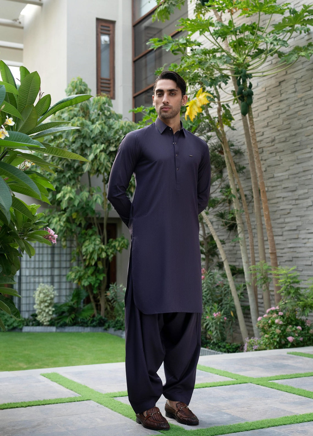 Stylish Garments Mens RTW Solids Wash N Wear Kurta Shalwar Suit Purple Plain Casual Collection