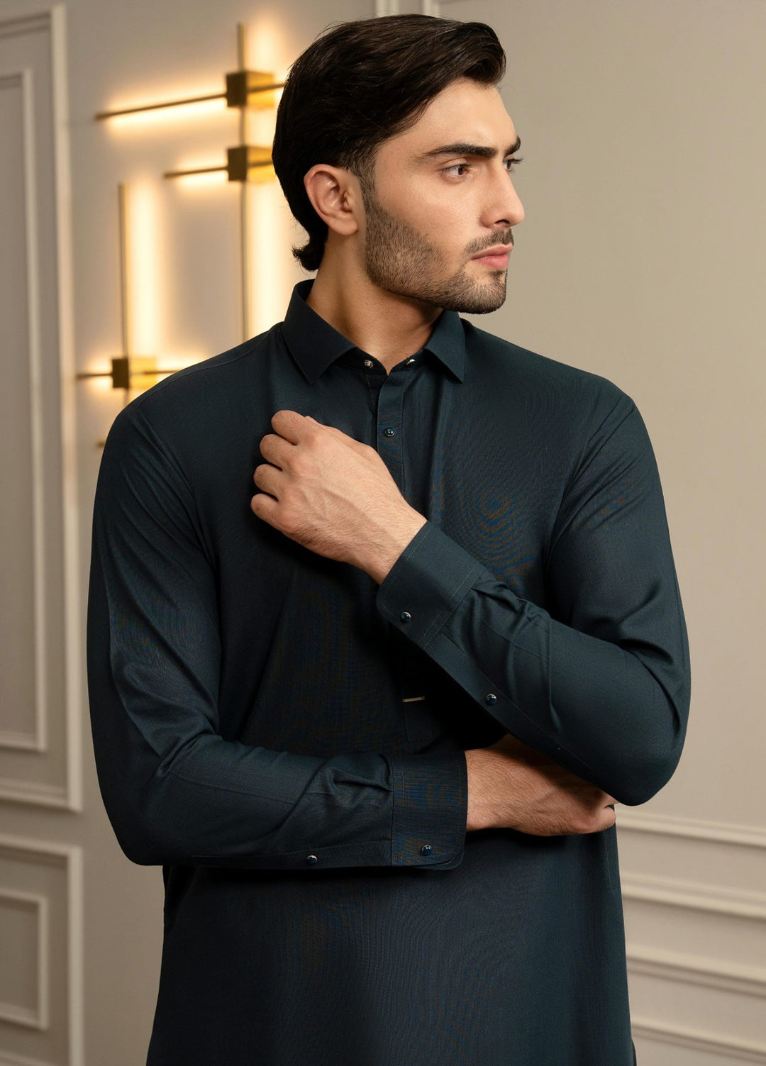 Stylish Garments Mens RTW Solids Wash N Wear Kurta Shalwar Suit Tale Green Plain Casual Collection