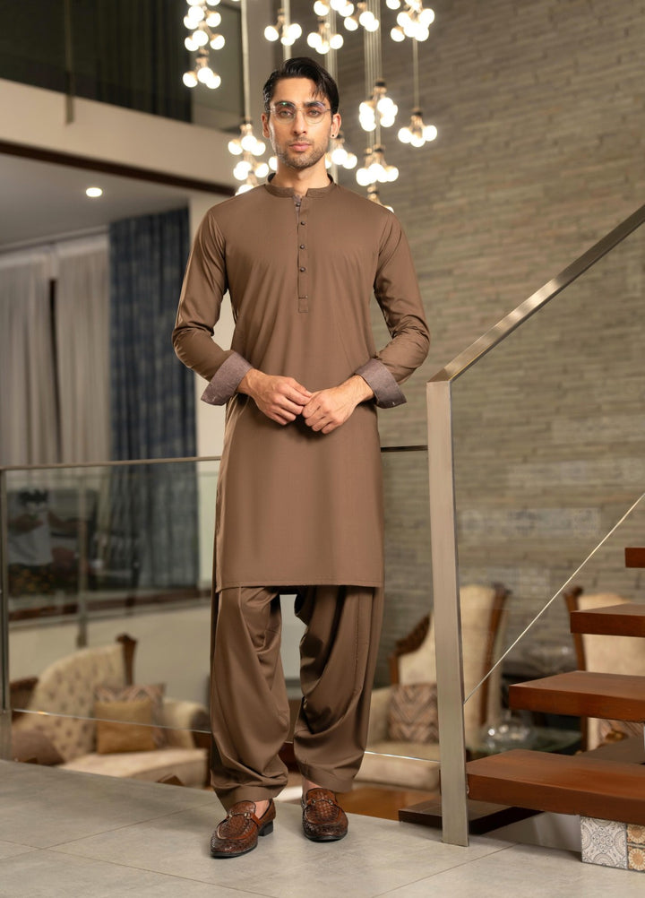 Stylish Garments Mens RTW Solids Wash N Wear Kurta Shalwar Suit Brown Contrast Casual Collection