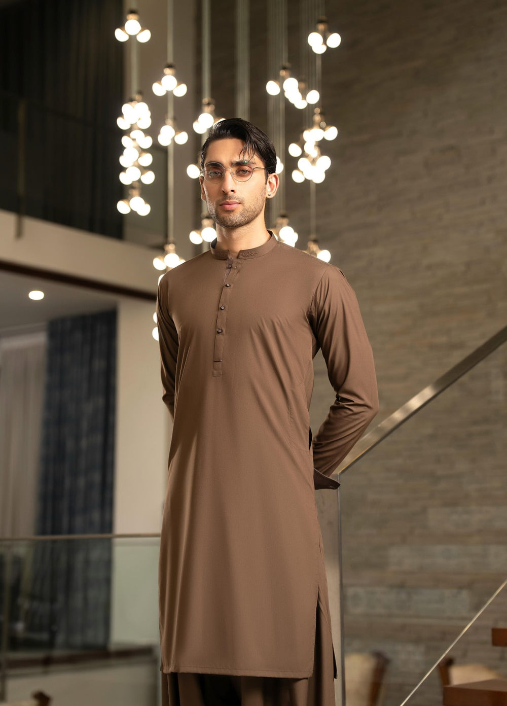 Stylish Garments Mens RTW Solids Wash N Wear Kurta Shalwar Suit Brown Contrast Casual Collection