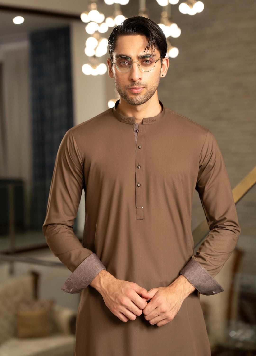Stylish Garments Mens RTW Solids Wash N Wear Kurta Shalwar Suit Brown Contrast Casual Collection