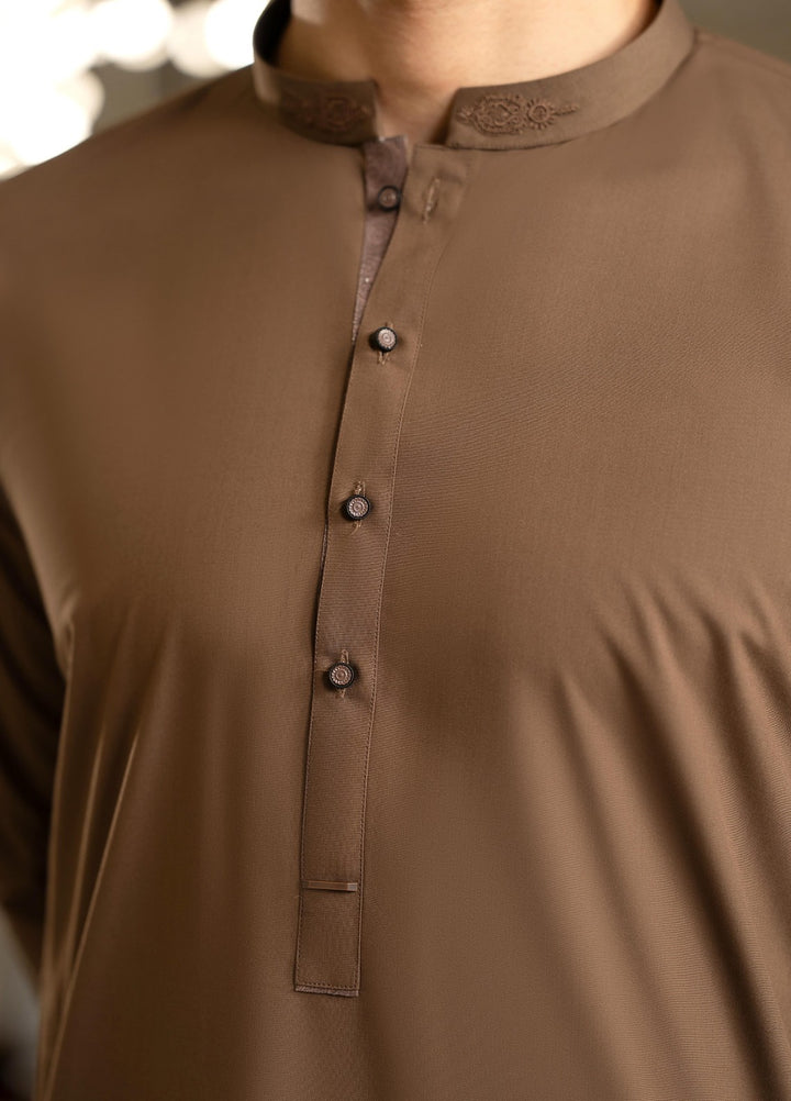 Stylish Garments Mens RTW Solids Wash N Wear Kurta Shalwar Suit Brown Contrast Casual Collection