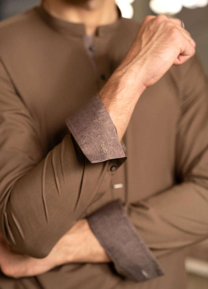 Stylish Garments Mens RTW Solids Wash N Wear Kurta Shalwar Suit Brown Contrast Casual Collection