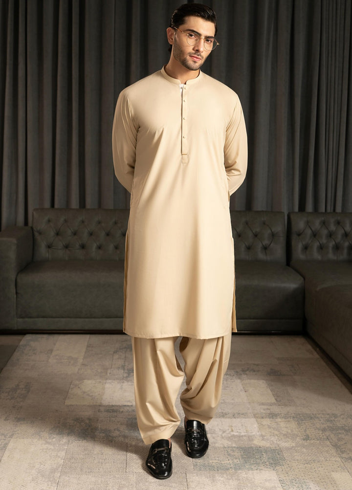 Stylish Garments Mens RTW Solids Wash N Wear Kurta Shalwar Suit Camel Contrast Casual Collection