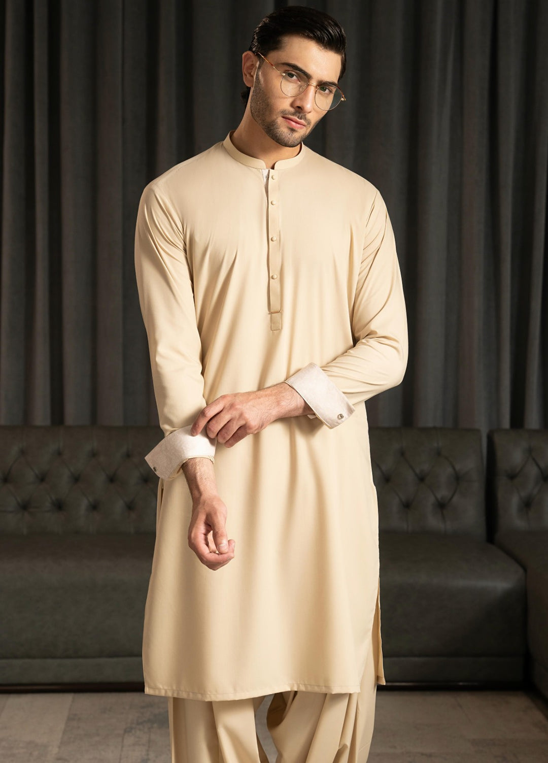 Stylish Garments Mens RTW Solids Wash N Wear Kurta Shalwar Suit Camel Contrast Casual Collection