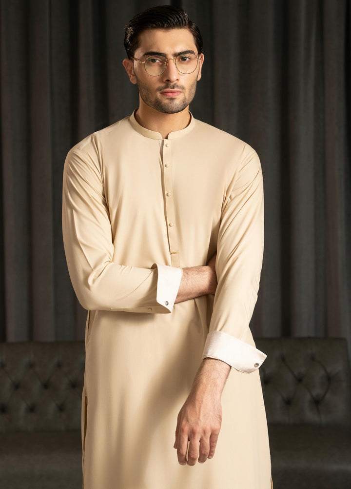 Stylish Garments Mens RTW Solids Wash N Wear Kurta Shalwar Suit Camel Contrast Casual Collection