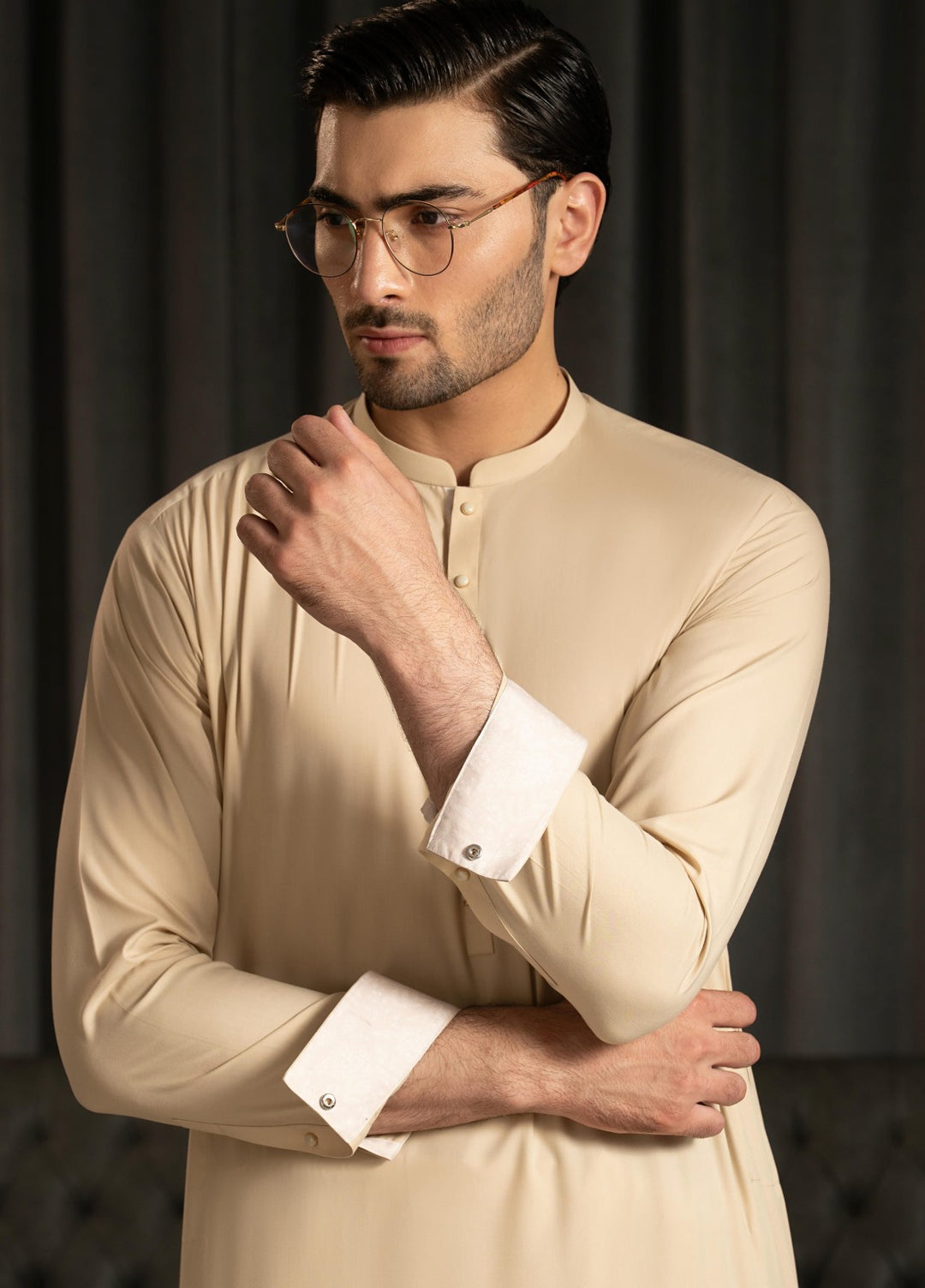 Stylish Garments Mens RTW Solids Wash N Wear Kurta Shalwar Suit Camel Contrast Casual Collection