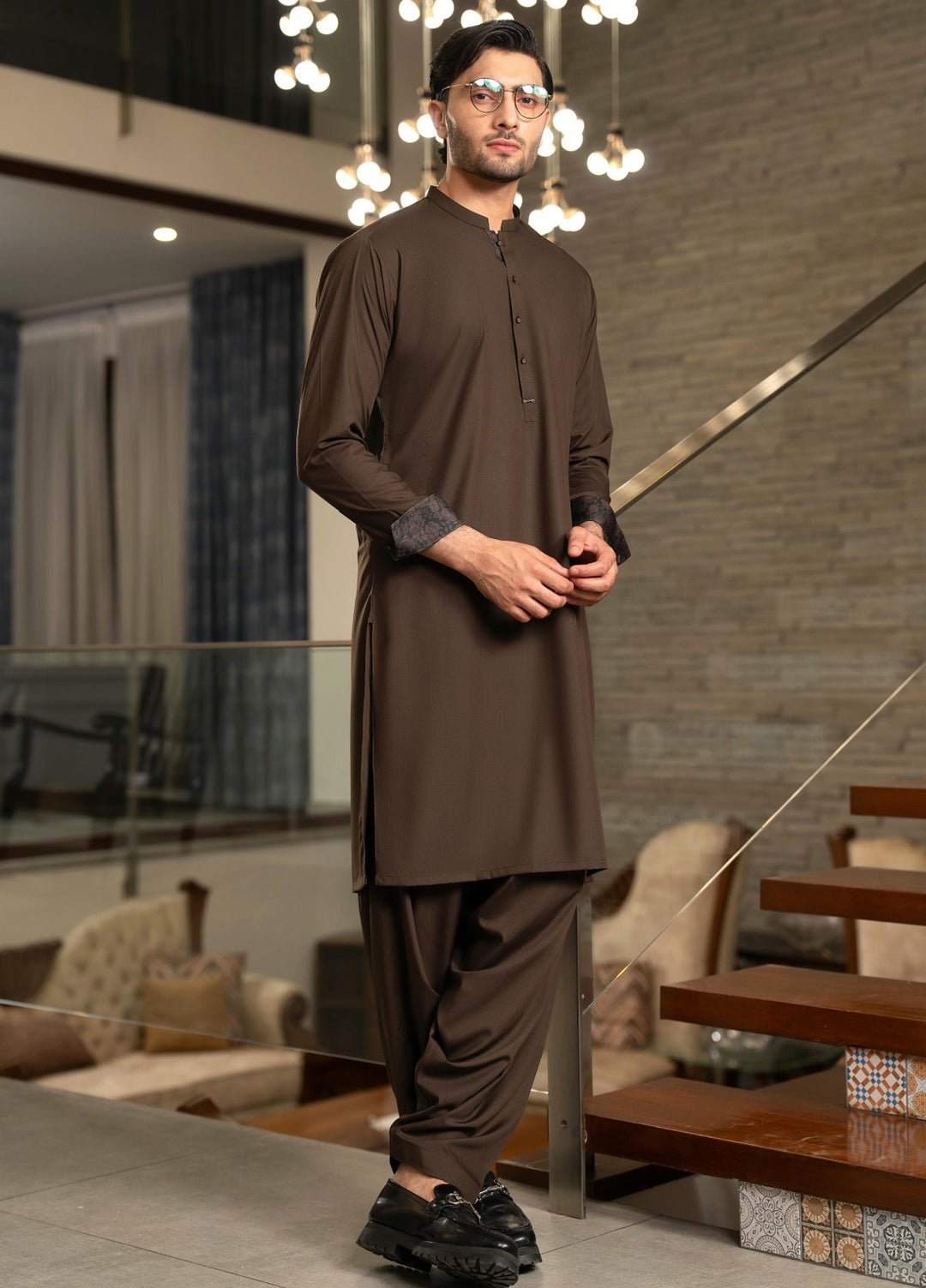 Stylish Garments Mens RTW Solids Wash N Wear Kurta Shalwar Suit Dark Brown Contrast Casual Collection