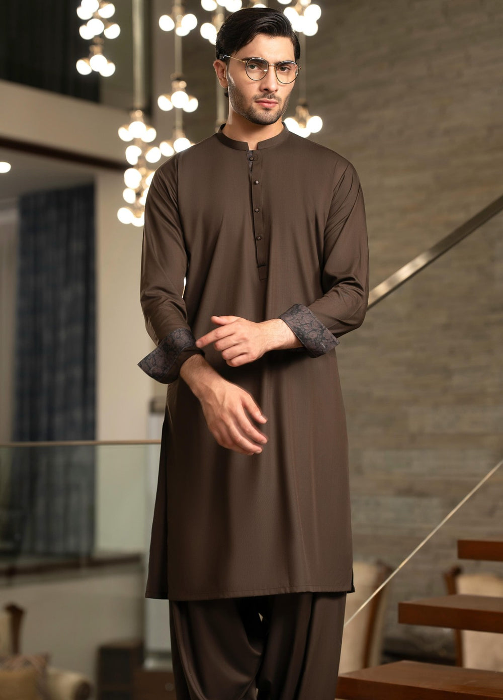 Stylish Garments Mens RTW Solids Wash N Wear Kurta Shalwar Suit Dark Brown Contrast Casual Collection