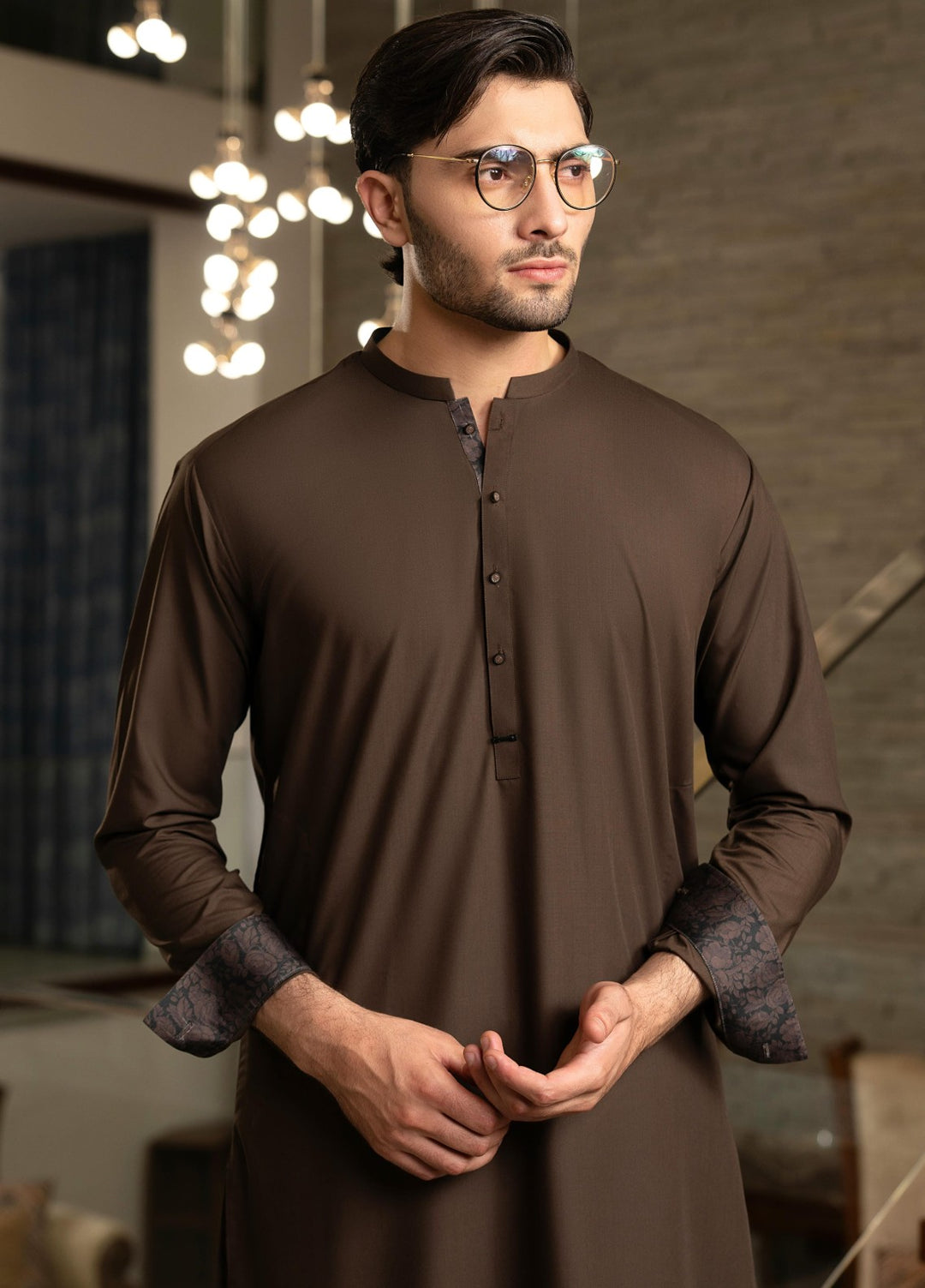 Stylish Garments Mens RTW Solids Wash N Wear Kurta Shalwar Suit Dark Brown Contrast Casual Collection
