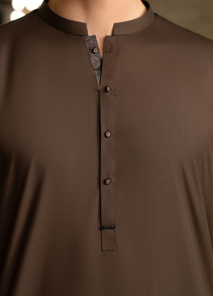 Stylish Garments Mens RTW Solids Wash N Wear Kurta Shalwar Suit Dark Brown Contrast Casual Collection