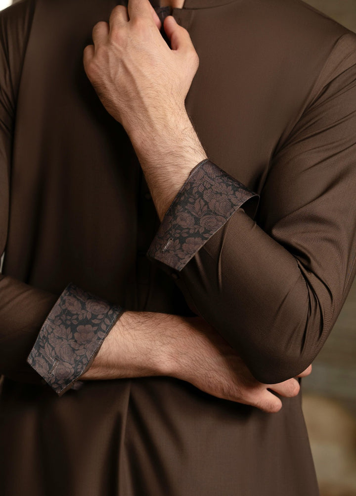 Stylish Garments Mens RTW Solids Wash N Wear Kurta Shalwar Suit Dark Brown Contrast Casual Collection