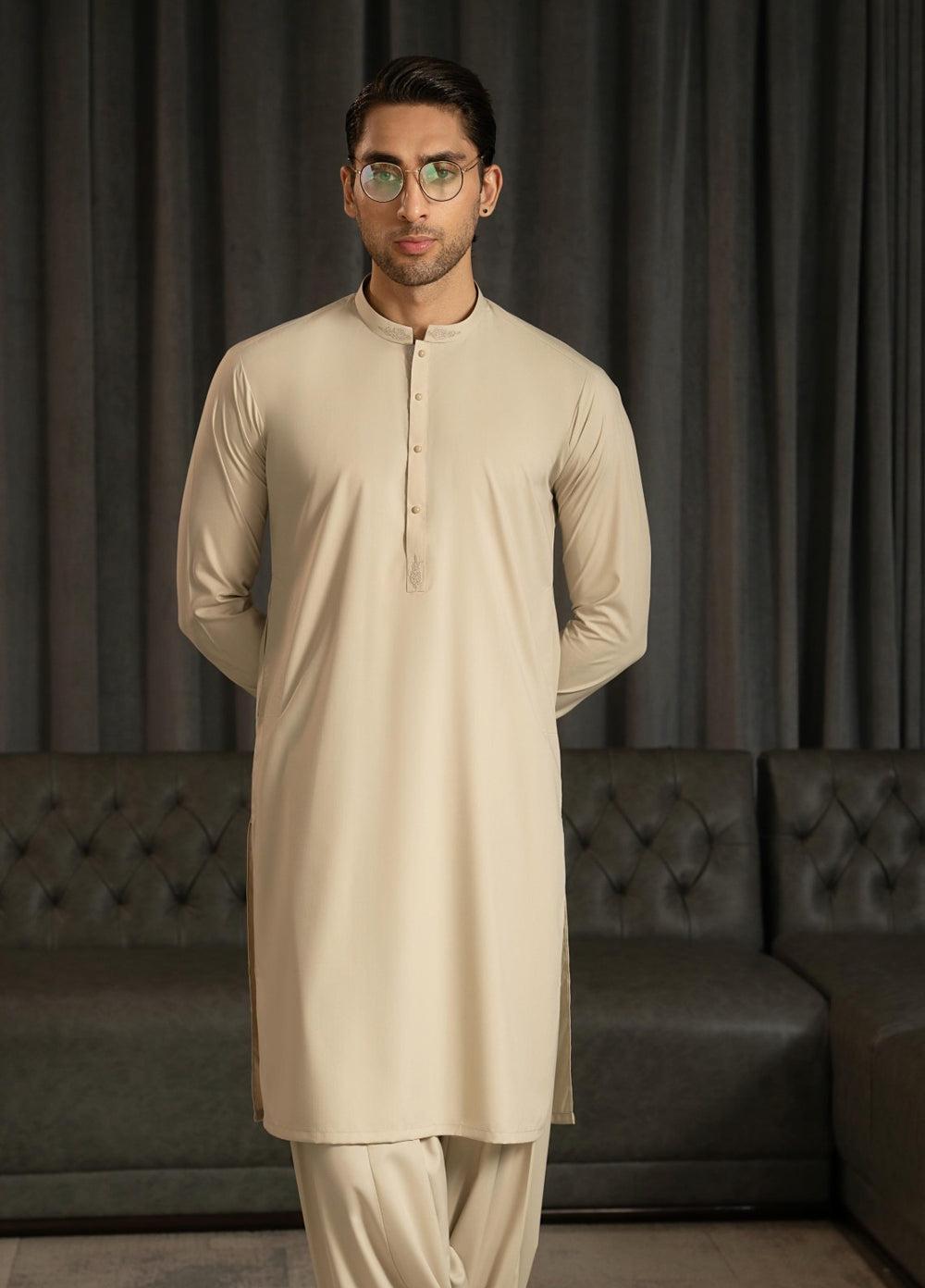 Stylish Garments Mens RTW Solids Wash N Wear Kurta Shalwar Suit Ivory Contrast Casual Collection