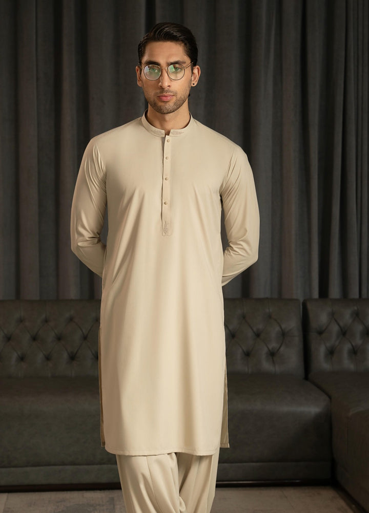 Stylish Garments Mens RTW Solids Wash N Wear Kurta Shalwar Suit Ivory Contrast Casual Collection