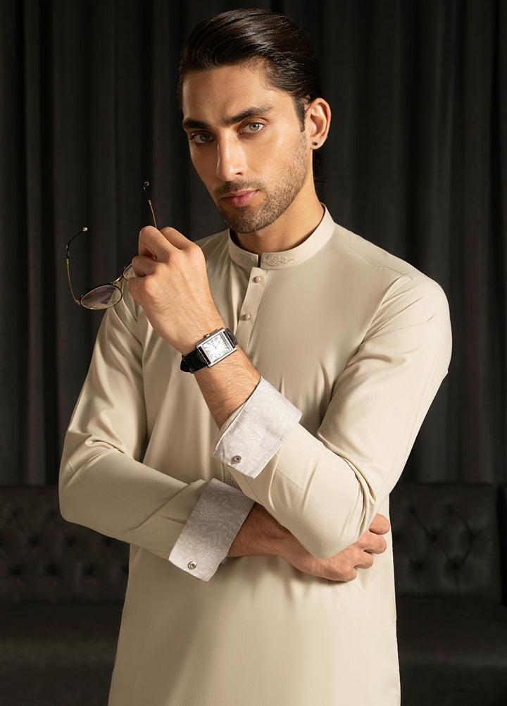 Stylish Garments Mens RTW Solids Wash N Wear Kurta Shalwar Suit Ivory Contrast Casual Collection