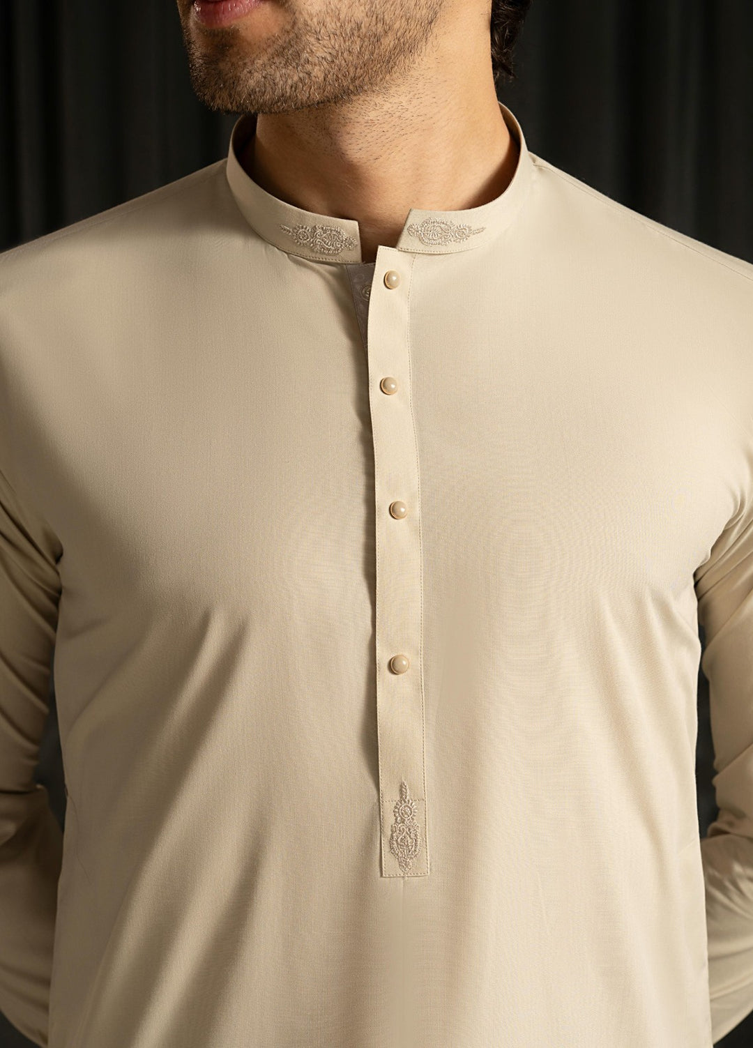Stylish Garments Mens RTW Solids Wash N Wear Kurta Shalwar Suit Ivory Contrast Casual Collection