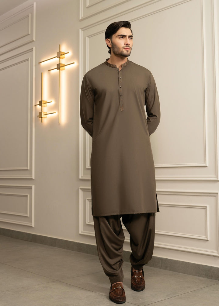 Stylish Garments Mens RTW Embroidered Wash N Wear Kurta Shalwar Suit Olivya Casual Collection