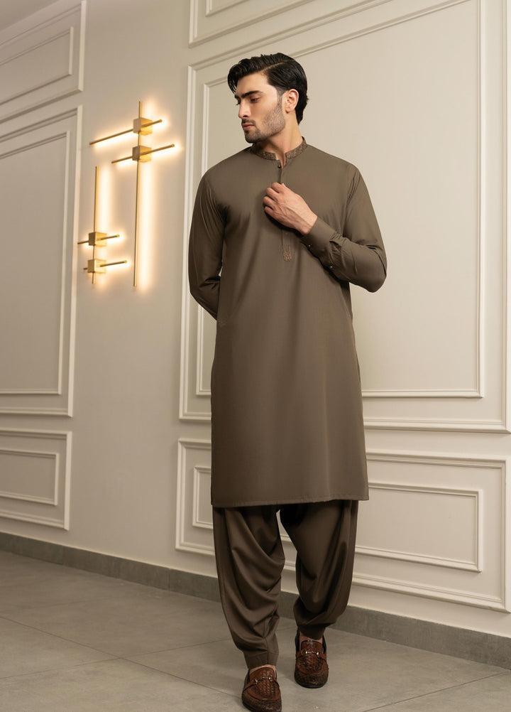 Stylish Garments Mens RTW Embroidered Wash N Wear Kurta Shalwar Suit Olivya Casual Collection