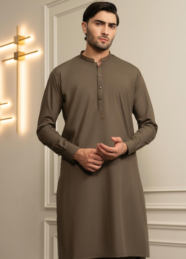 Stylish Garments Mens RTW Embroidered Wash N Wear Kurta Shalwar Suit Olivya Casual Collection