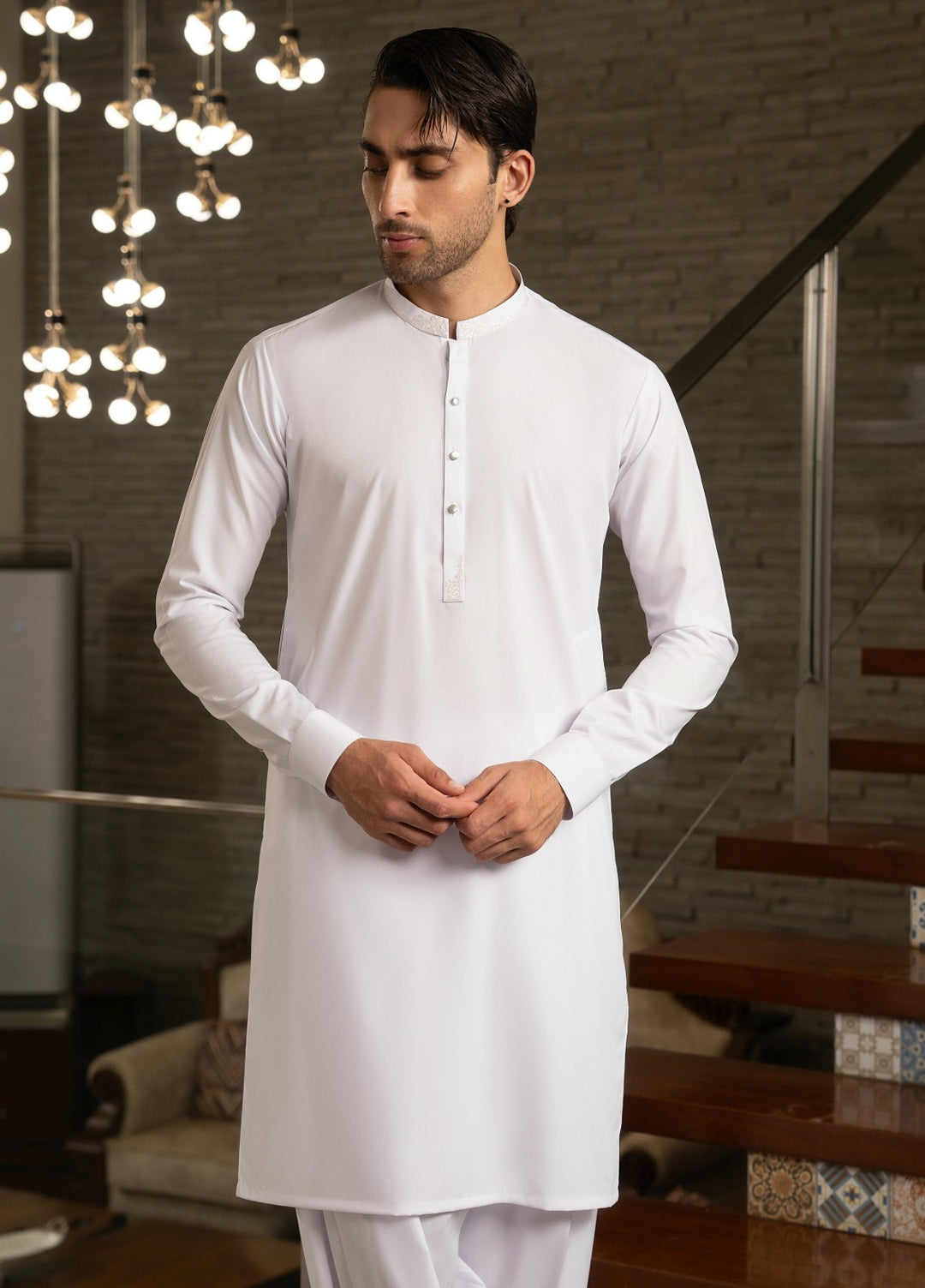 Stylish Garments Mens RTW Embroidered Wash N Wear Kurta Shalwar Suit White Casual Collection