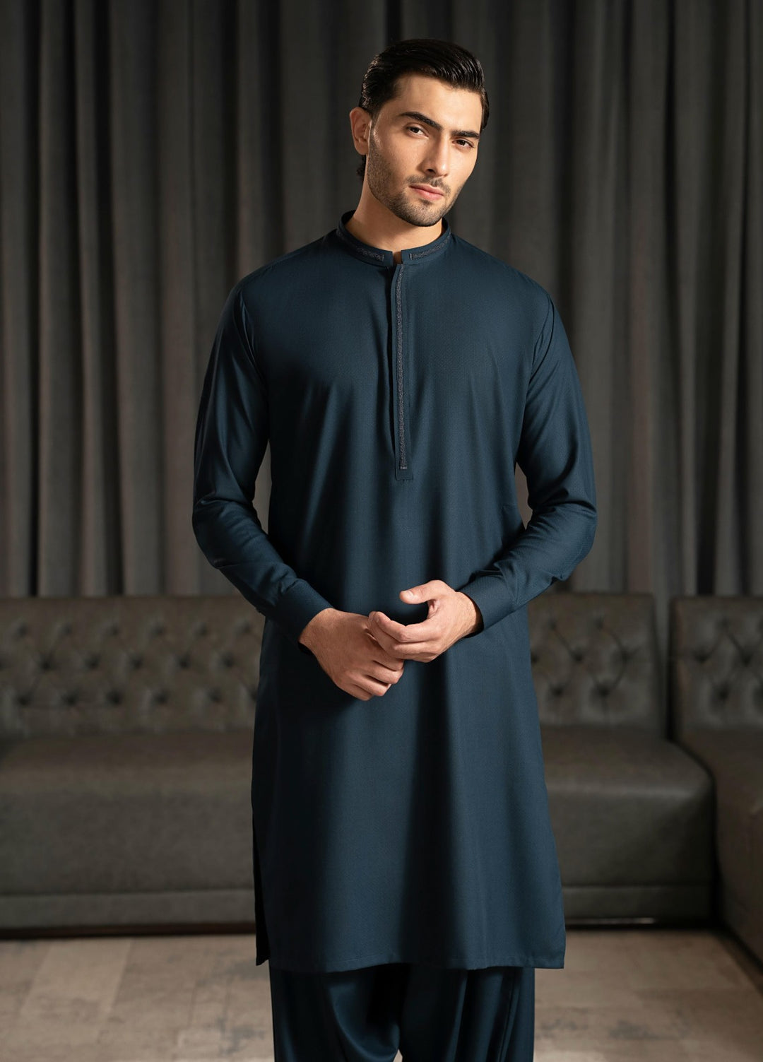 Stylish Garments Mens RTW Embroidered Wash N Wear Kurta Shalwar Suit Gray Blue Casual Collection